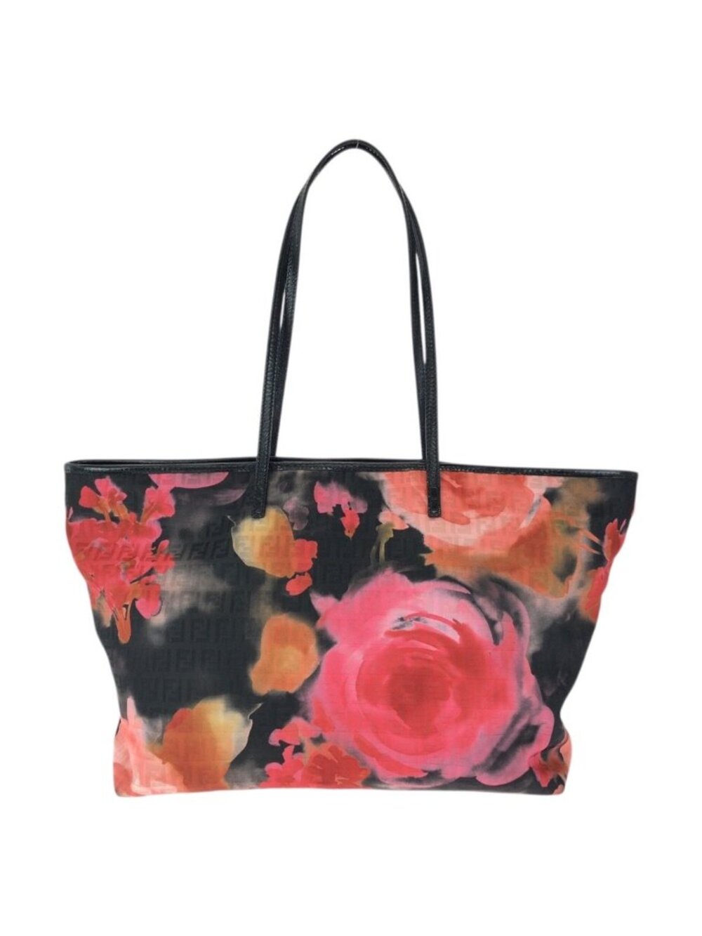Fendi Zucchino Floral Black Pink Orange Nylon Leather Tote Shoulder Bag - Picture 2 of 9